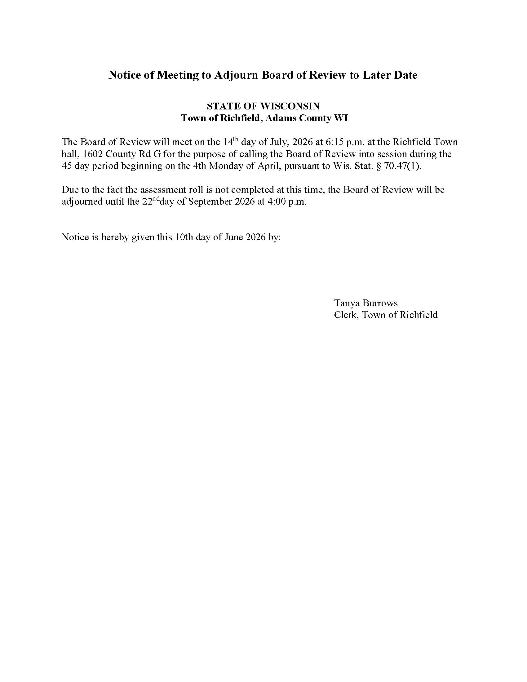 Notice of Meeting to Adjourn Board of Review to Later Date